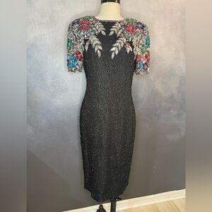 ✨ Vintage 1980s Stenay Black Silk Beaded Dress – Made in India ✨